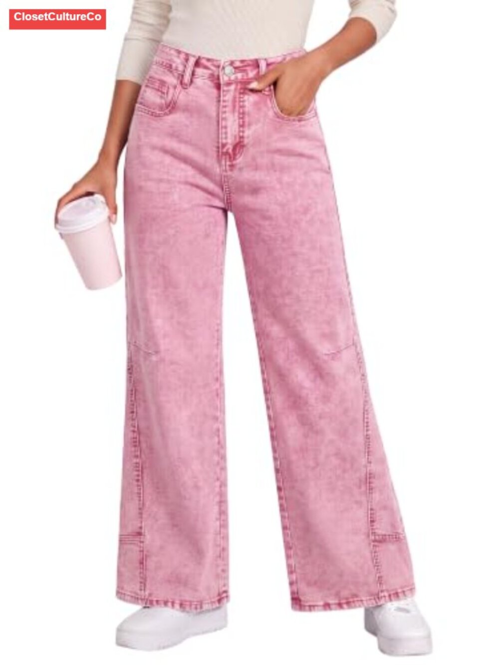 Patchwork High Waisted Wide Leg Stretch Denim Jeans